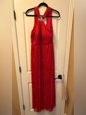 Betsy & Adam Red Halter Maxi Dress with Ring Neckline